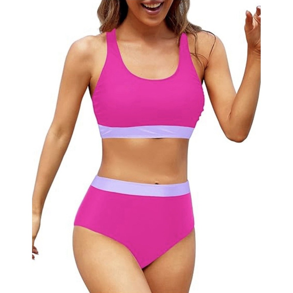 Tempt Me Women's 2 Piece Sporty Bikini Swimwear High Waisted Size XL Pink